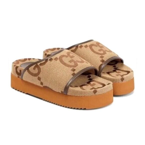 Gucci Monogram Jumbo GG Platform Slide Sandals Camel Ebony Size37 - Picture 1 of 13